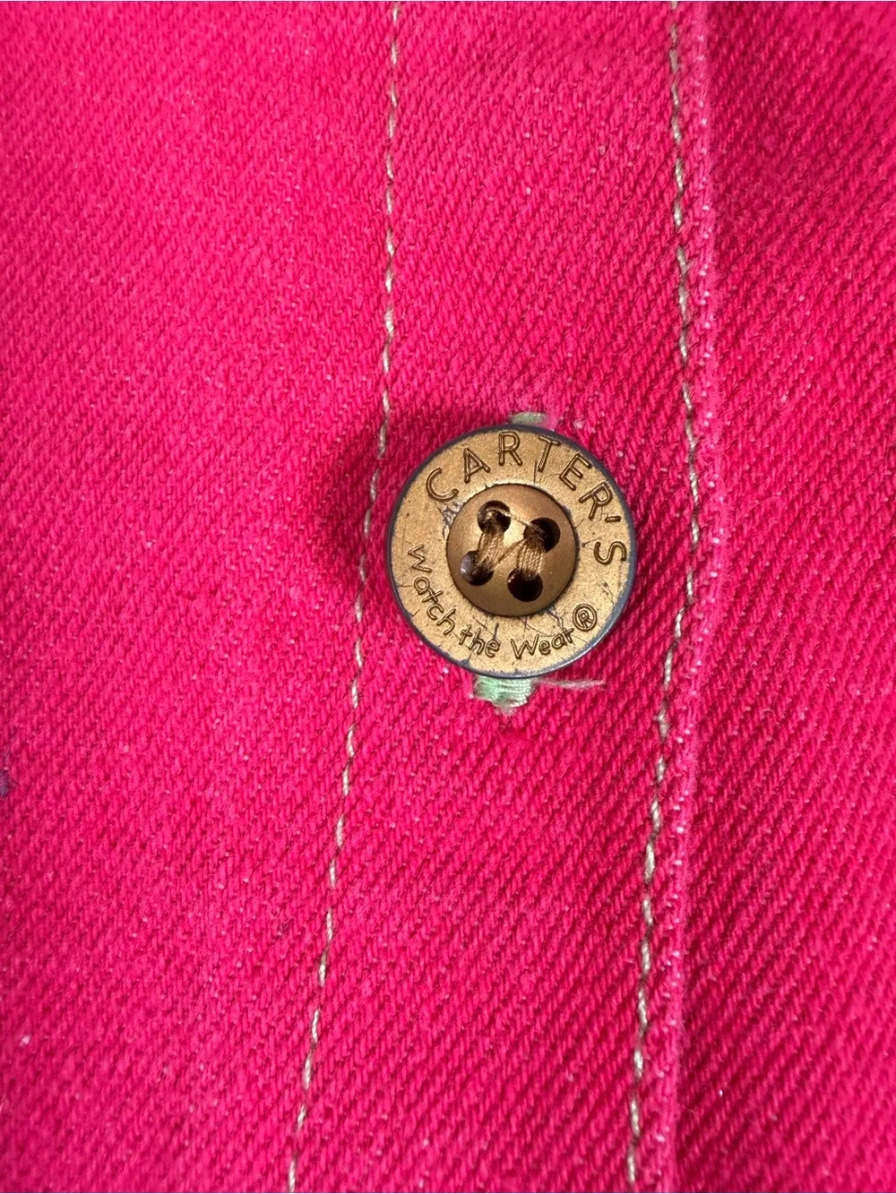 VINTAGE Carters Bright Pink Button-Front Girls Denim Dress w/Embroidered Flowers